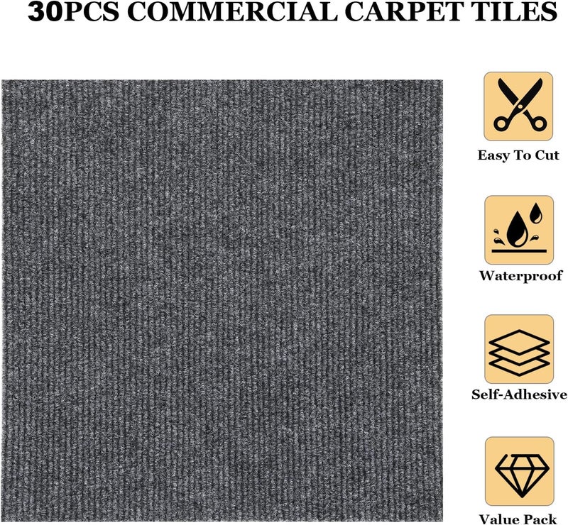 AKOLAFE 30 Pack Peel and Stick Carpet Tiles 12x12 Self Adhesive Carpets Squares for Basement Carpets for Concrete Floor Non Skid Carpet Tiles Clearance on Indoor Outdoor Carpet Squares Commercial Grey - Image 5